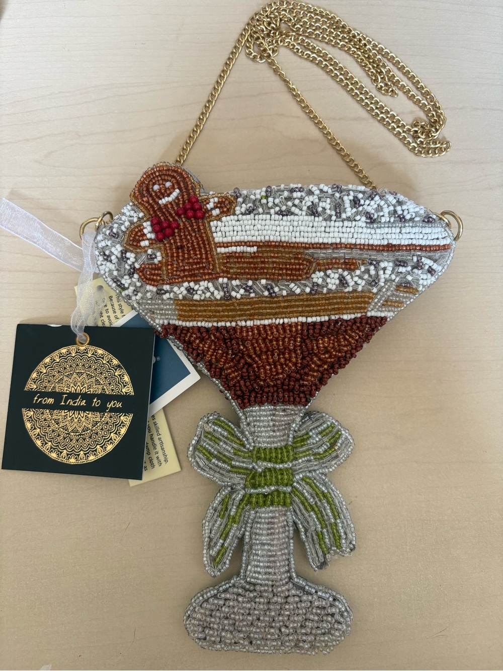 Beaded Martini Glass Crossbody Bag with Gingerbread Accent - Brown/White/Green